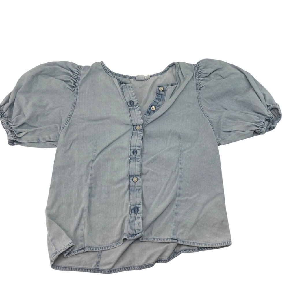 GAP Womens Light Wash Denim Puff Sleeve Button Front Blouse Top Small Blue